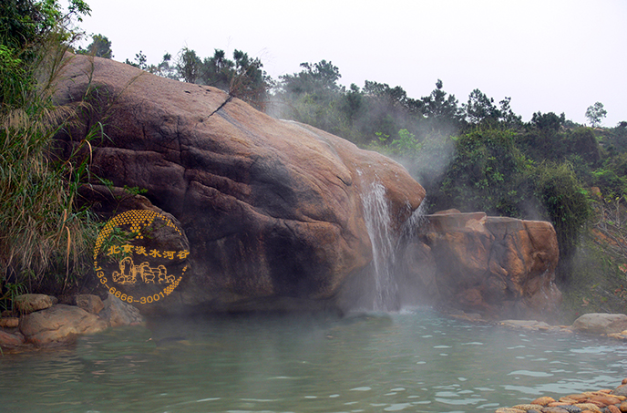 山西太原塑石假山制作－在山邊即當護坡又當溫泉瀑布