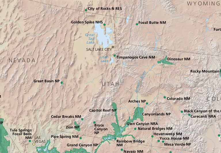 國(guó)家公園管理局在猶他州的國(guó)家公園地圖