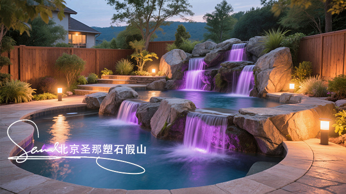 1749520850530304.jpeg jimeng-2025-06-08-43-這是一座戶(hù)外景觀(guān)溫泉池。其造型設(shè)計(jì)獨(dú)特,以仿巖石形態(tài)構(gòu)建池壁,營(yíng)造出自然的山石氛圍 ,搭配幾處小型瀑布,水流潺潺增添靈動(dòng)之感。池內(nèi)有紫色燈光照明,營(yíng)造出夢(mèng)幻的....jpeg
