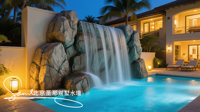 jimeng-2025-06-20-7835-這是一處戶外水墻景觀。畫面中心是一座漂亮的水泥塑石水墻，水從水墻流到水池中，池水....jpeg